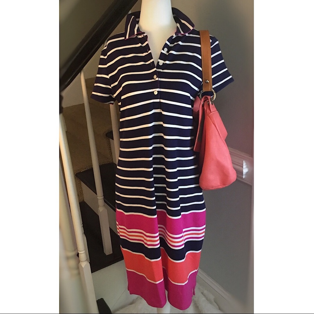 LAND END Polo Dress Navy Blue White  Stripes SM